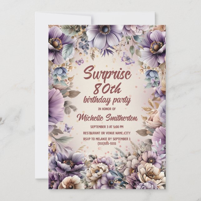 Invitation Papillons Floraux Aquarelle Violette Surprise 80 A (Devant)