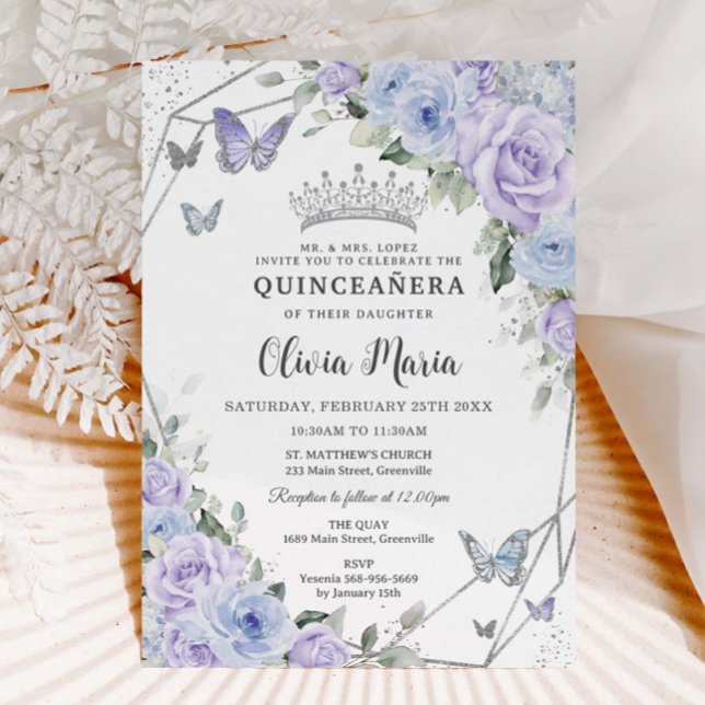 Invitation Papillons floraux bleu pourpre Quinceañera (Créateur téléchargé)