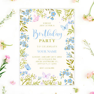 Invitation Papillons floraux bleus anniversaire