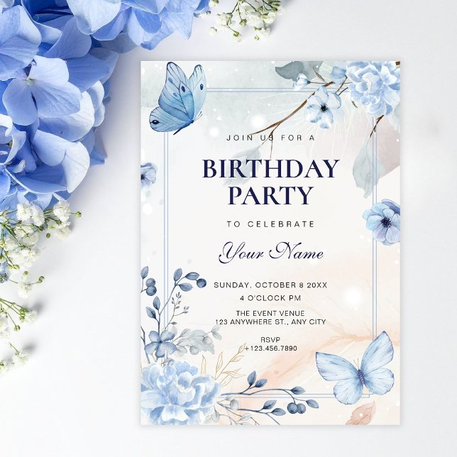 Invitation Papillons floraux bleus anniversaire (Créateur téléchargé)