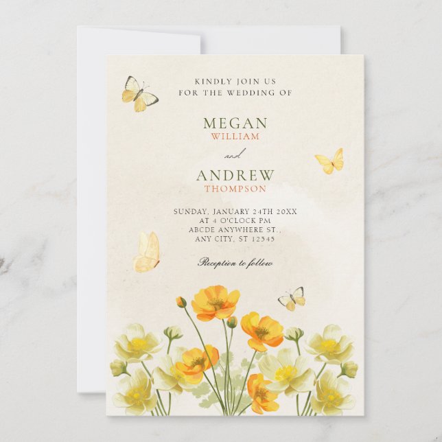 Invitation Papillons floraux jaunes mariage (Devant)
