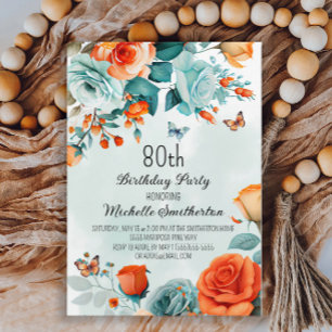Invitation Papillons floraux orange bleu 80e anniversaire