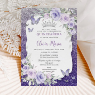 Invitation Papillons floraux pourpres de lavande Quinceañera
