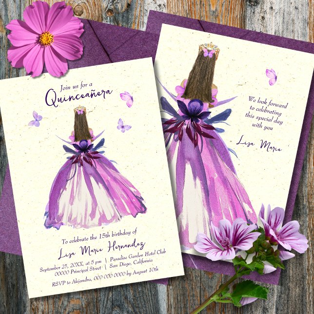Invitation Papillons floraux pourpres Dreamy Quinceañera (Créateur téléchargé)