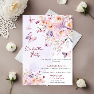 Invitation Papillons floraux pourpres Photo Graduation Party