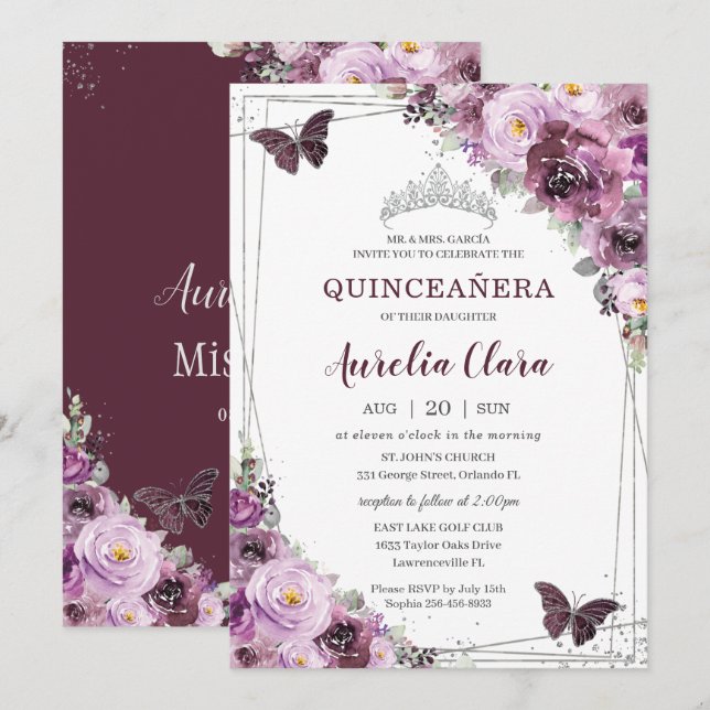 Invitation Papillons floraux Quinceañera Plum Mauve Argent (Devant / Derrière)