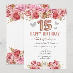 Invitation Papillons floraux rose heureux 15e anniversaire