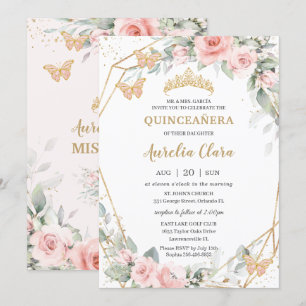 Invitation Papillons floraux rose pâle Chic Quinceañera
