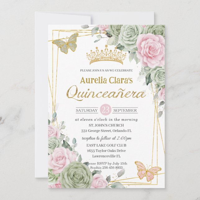 Invitation Papillons floraux rose rose Sage Quinceañera (Devant)