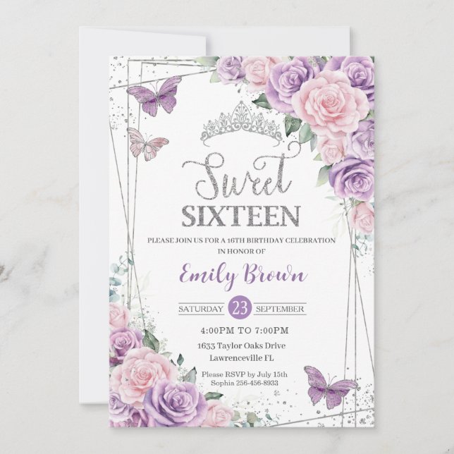 Invitation Papillons floraux rose sweet sixteen violet Lilac (Devant)