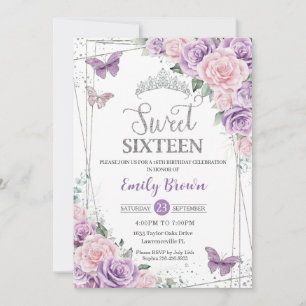 Invitation Papillons floraux rose sweet sixteen violet Lilac