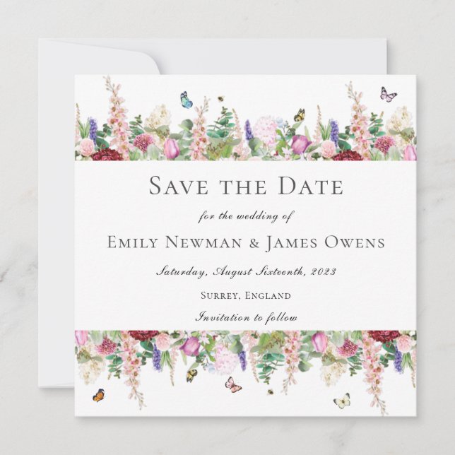Invitation Papillons floraux roses Enregistrer la date (Devant)