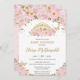 Invitation Papillons floraux roses Princess Tiara Baby shower