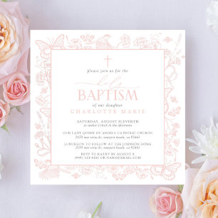 Invitation Papillons floraux roses rousses Croix du Baptême