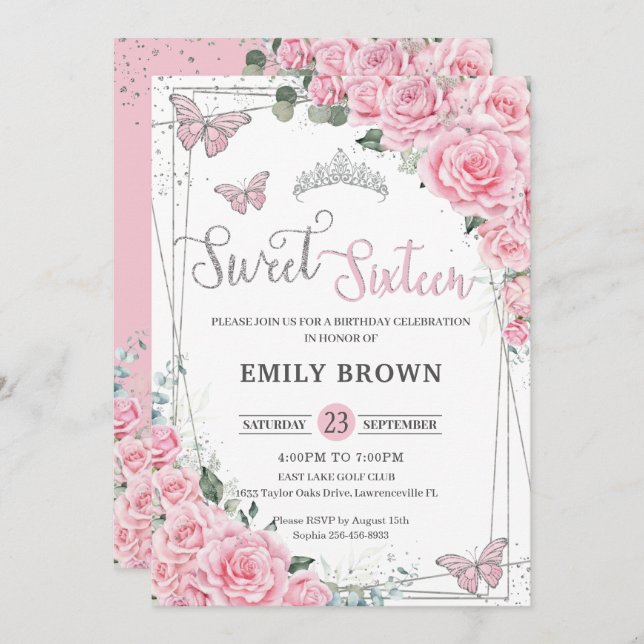 Invitation Papillons floraux roses Sweet sixteen 16 Anniversa (Devant / Derrière)