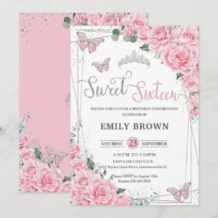 Invitation Papillons floraux roses Sweet sixteen 16 Anniversa