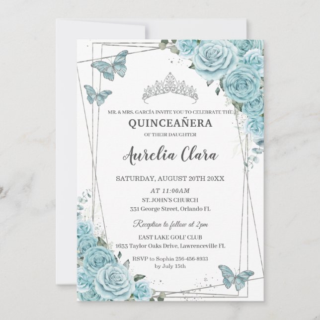 Invitation Papillons floraux turquoise Silver Quinceañera (Devant)
