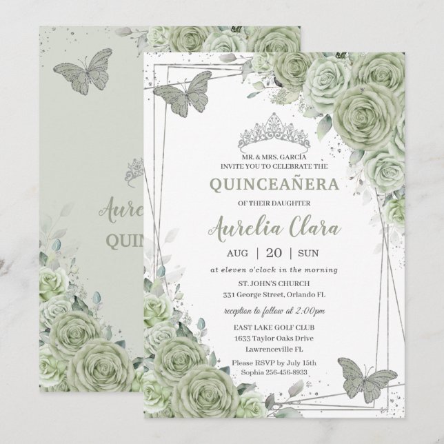 Invitation Papillons floraux vert Sage Silver Quinceañera (Devant / Derrière)