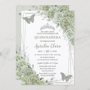 Invitation Papillons floraux vert Sage Silver Quinceañera