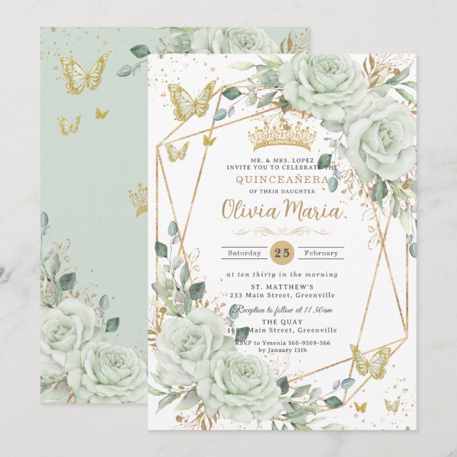Invitation Papillons Floraux Vert Sauge pour Quinceañera Quin (Devant / Derrière)