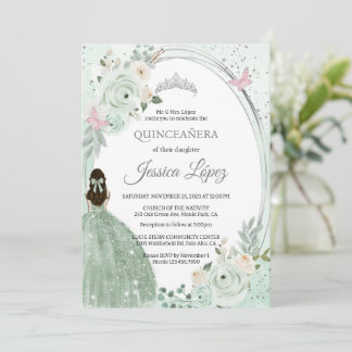 Invitation Papillons floraux verts Sage Quinceañera