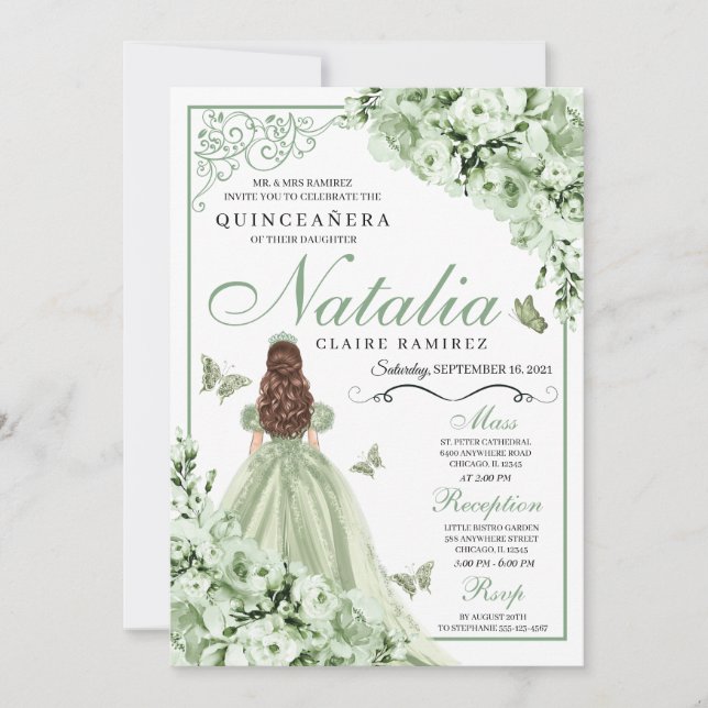 Invitation Papillons floraux verts Sage Quinceanera (Devant)