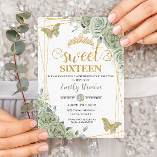 Invitation Papillons floraux verts Sage Sweet sixteen d'or