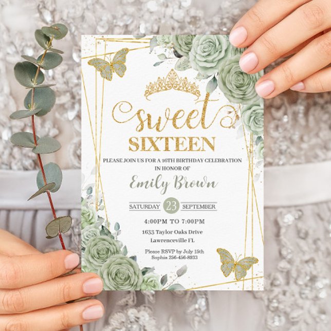 Invitation Papillons floraux verts Sage Sweet sixteen d'or (Créateur téléchargé)