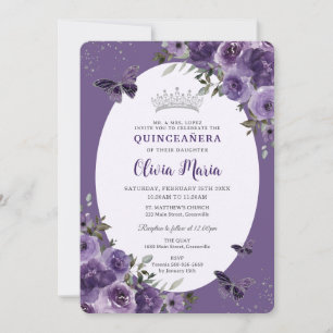Invitation Papillons floraux violets foncés Silver Quinceañer