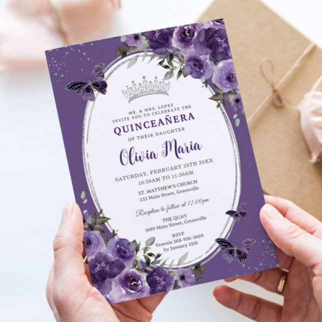 Invitation Papillons floraux violets foncés Silver Quinceañer (Créateur téléchargé)