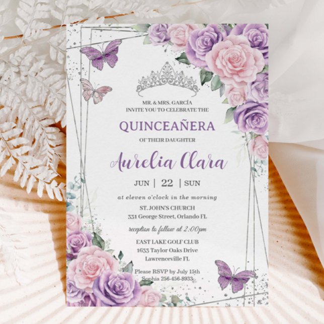 Invitation Papillons floraux violets Lilac rose Quinceañera (lavender-purple-lilac-pale-pink-flowers-floral-roses-silver-geometric-quinceanera-sweet-16-invites)
