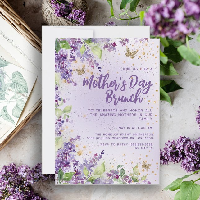Invitation Papillons Floraux Violets Or Fête des Mères (Créateur téléchargé)