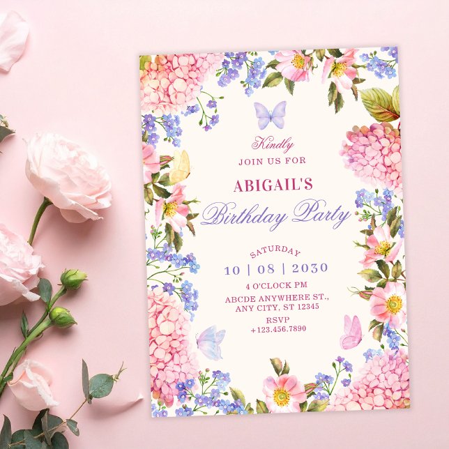 Invitation Papillons floraux violets roses anniversaire (Créateur téléchargé)