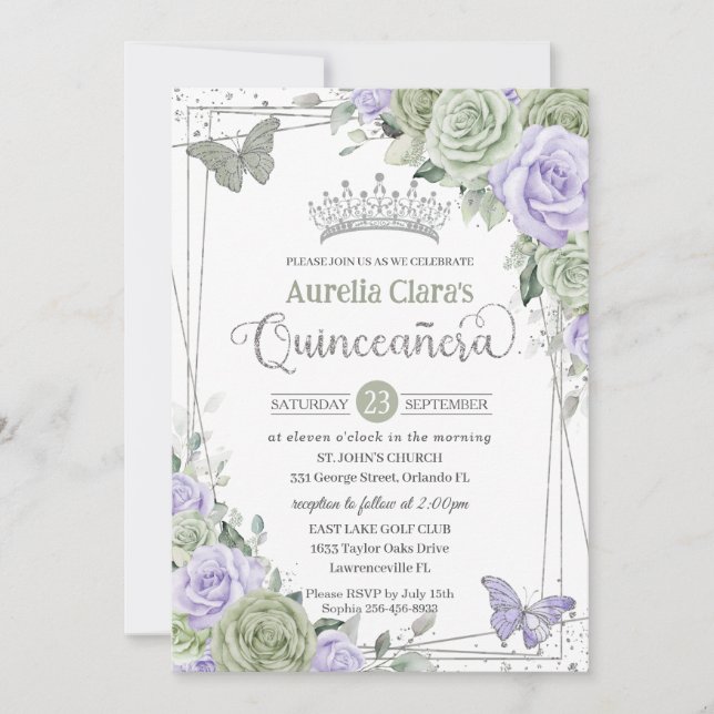 Invitation Papillons floraux violets Sage Quinceanera (Devant)