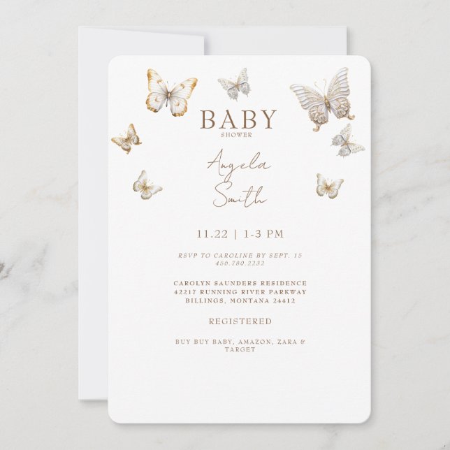 Invitation Papillons Gold Baby Girl Douche (Devant)