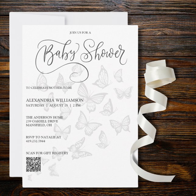 Invitation Papillons gris moderne Baby shower QR Code (Also available without QR code. )