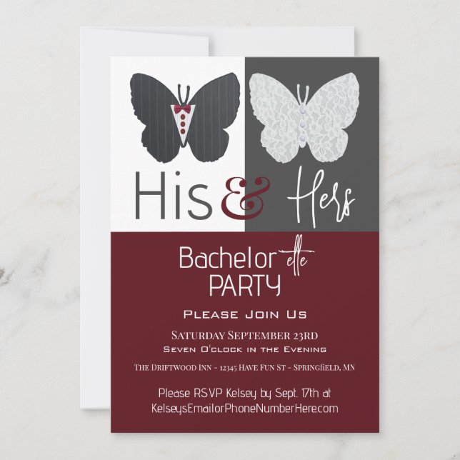 Invitation Papillons His & Hers Enterrement de vie de garçon+ (Devant)