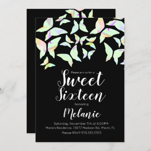 Invitation Papillons holographiques Sweet sixteen coloré