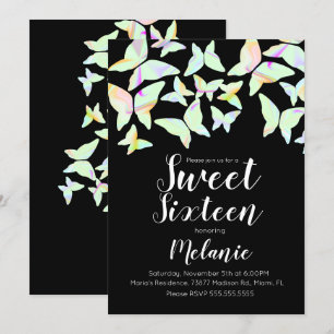 Invitation Papillons holographiques Sweet Sixteen colorés 