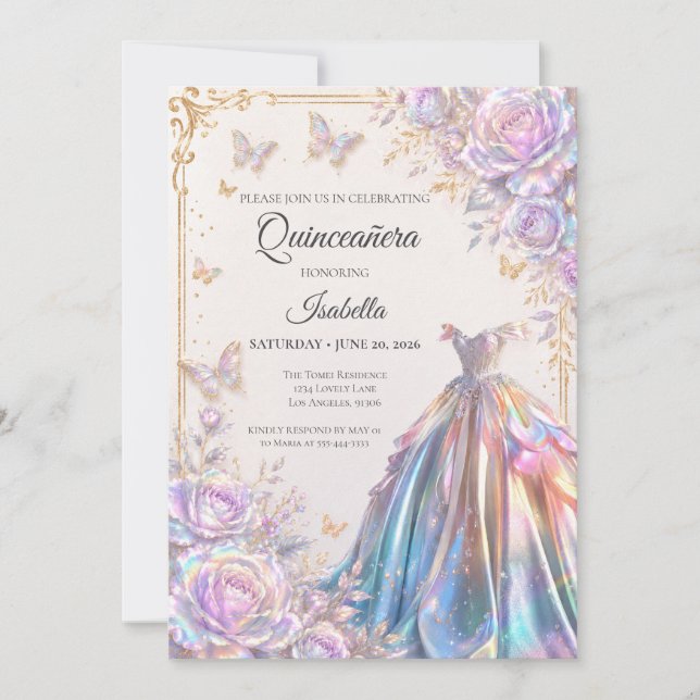 Invitation Papillons iridescents élégants Quinceañera (Devant)