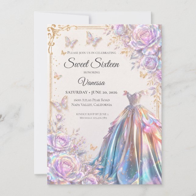 Invitation Papillons iridescents élégants Sweet 16 (Devant)