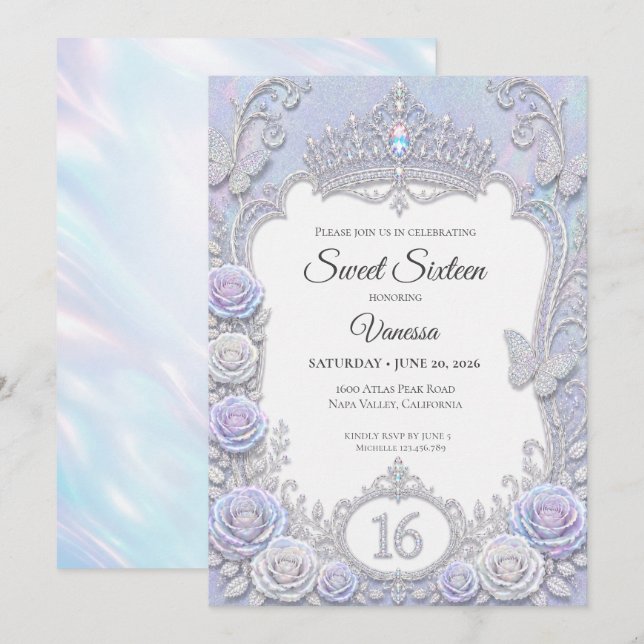 Invitation Papillons iridescents élégants Sweet 16 (Devant / Derrière)
