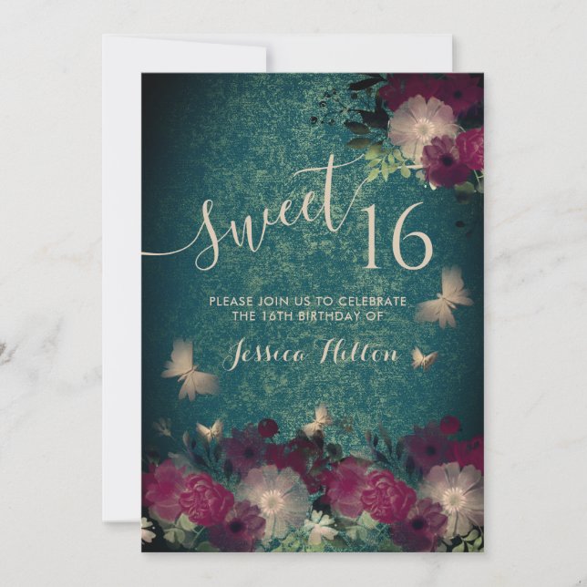 Invitation Papillons jardin fleuri sweet sixteen vert invita (Devant)
