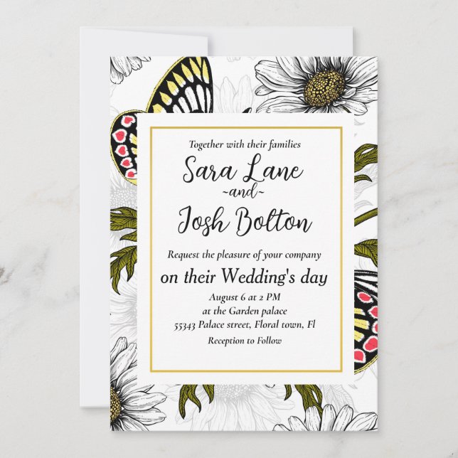 Invitation Papillons Jézabel et fleurs marguerites sur blanc (Devant)