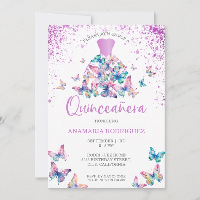 Invitation Papillons Lavande Gown Blush Floral Quinceanera (Devant)