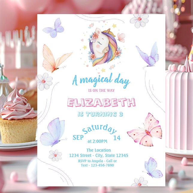 Invitation Papillons Licorne Magiques Anniversaire Rayé  (Créateur téléchargé)