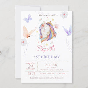 Invitation Papillons licorne mignons rayures colorées Anniver