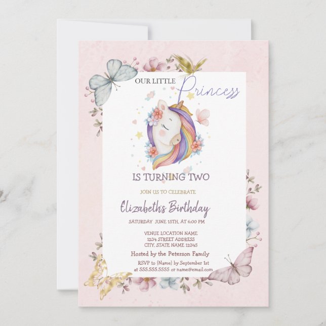 Invitation Papillons Licorne Princesse Rose Anniversaire   (Devant)