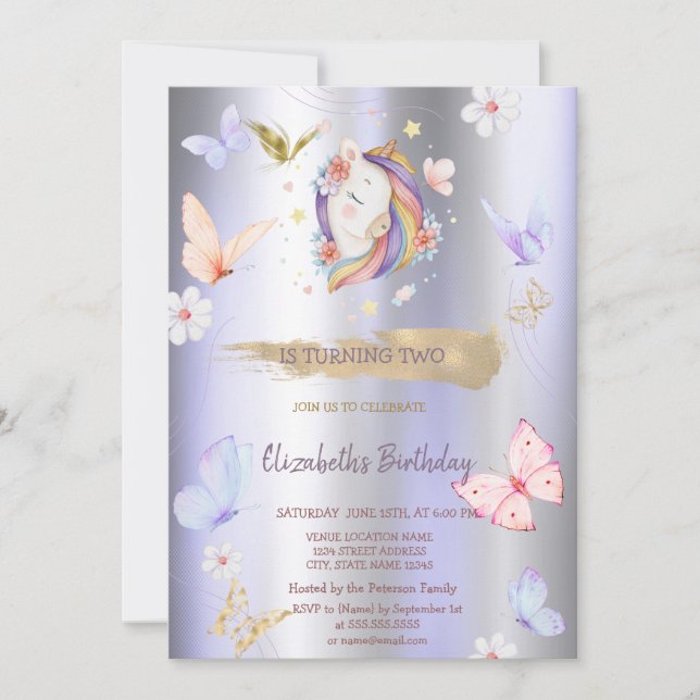 Invitation Papillons Licorne Violet Métallisé Anniversaire  (Devant)