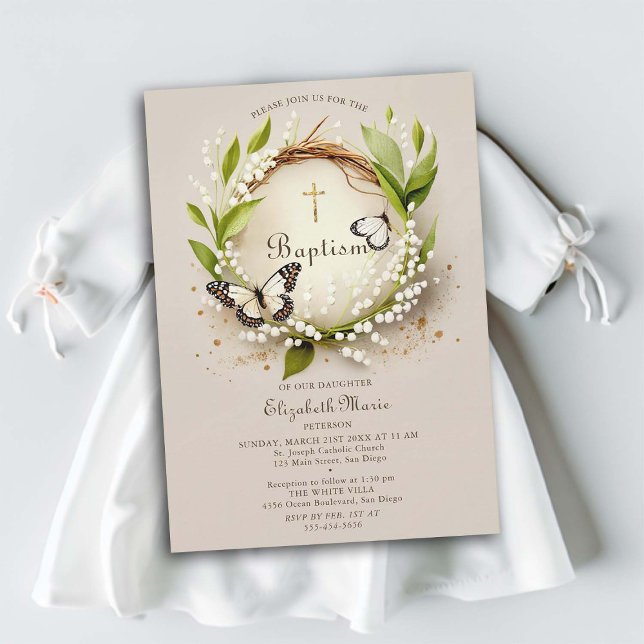 Invitation Papillons Lily Traverser Wreath Élégante Fille Bap (girl baptism invitation whimsical butterflies lily valley watercolor elegant formal magical classy)